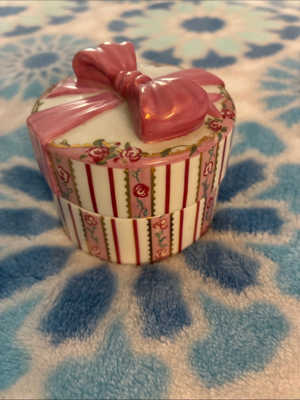 Pink Striped Porcelain Heirloom Music Company Trinket Box with Bow